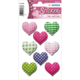 Bunte Stoffherz-Sticker in verschiedenen Farben und Mustern, angeordnet auf einer Verpackung. Ideal für Bastelprojekte.
