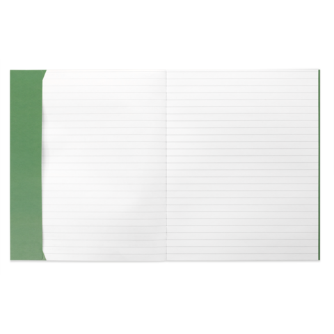 Offenes Notizbuch mit linierten Seiten und grünem Einband.