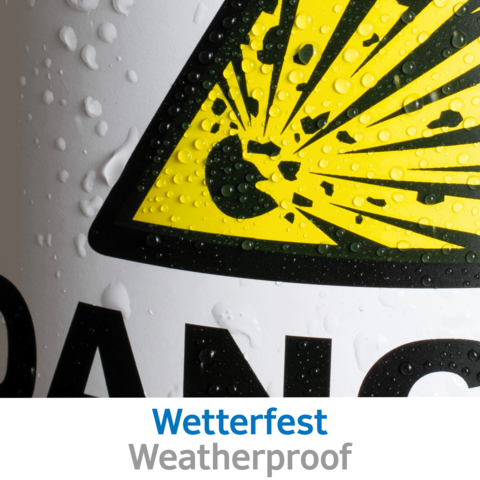Warnschild mit gelbem Dreieck und schwarzem Symbol, das auf Wetterfestigkeit hinweist. Text: "Wetterfest" und "Weatherproof".