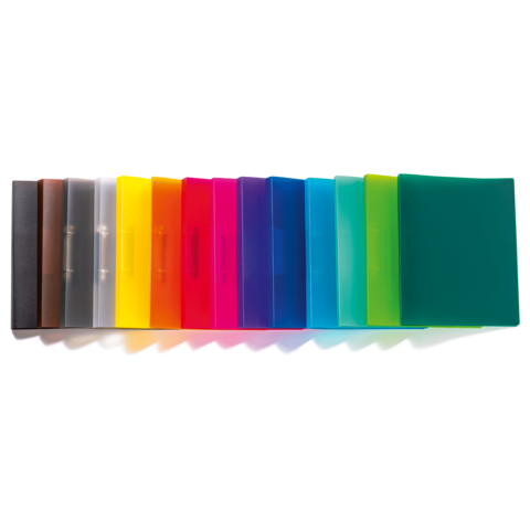 Bunte Ordner in verschiedenen Farben, angeordnet in einer Reihe, von schwarz und grau bis hin zu leuchtenden Farben wie pink und grün.