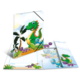 Bunt gestaltetes Notizbuch mit einem grünen Dinosaurier und zwei kleinen, farbigen Dinosauriern auf dem Cover und Innenseiten.