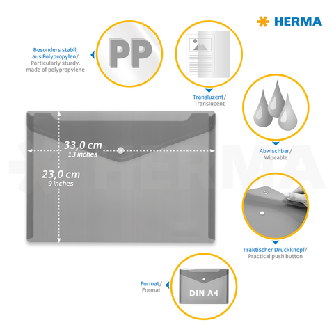 Transparente A4-Hülle aus Polypropylen, abwaschbar, mit praktischem Druckknopf und den Maßen 33 cm x 23 cm.