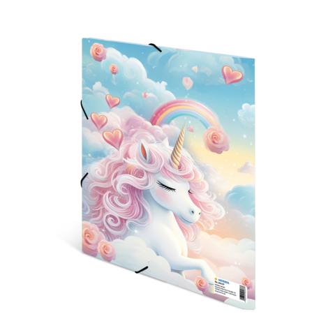 Ein Einhorn mit lockigem, rosa Haar schläft in einer Wolkenlandschaft, umgeben von Herzen und einem Regenbogen im Hintergrund.