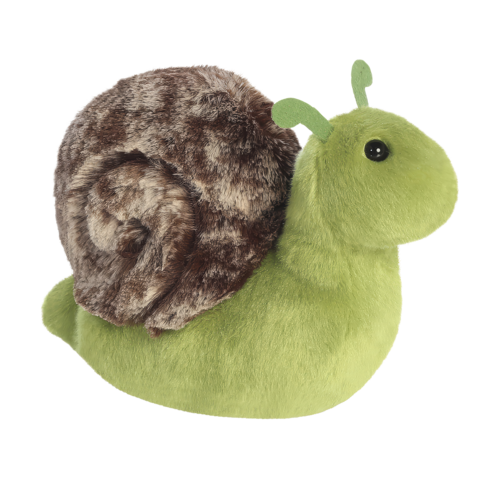 Grüne Plüschschnecke mit braunem, spiraligem Rücken und zwei Fühlern.