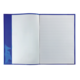 Ein offenes Notizbuch mit einer leeren linken Seite und einer linierten rechten Seite. Der Einband ist blau.