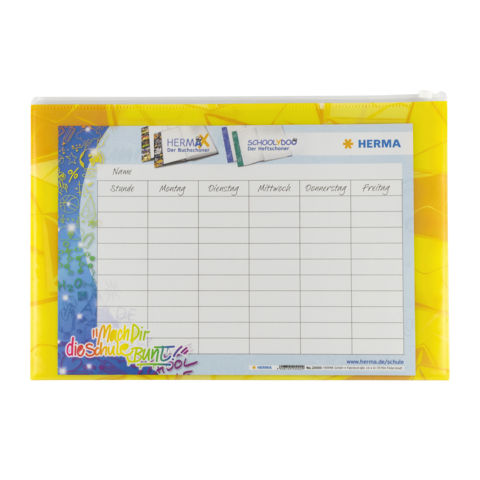 Wochenplaner mit Spalten für Stunden und Wochentage, dekoriert mit bunten Mustern und dem Text "Um dir die Schule bunt zu machen".