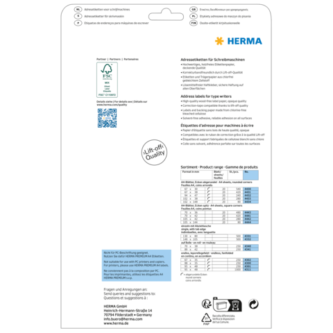 Adressenetiketten für Schreibmaschinen von HERMA, mit Produktinformationen, QR-Code und Qualitätshinweisen auf der Rückseite.
