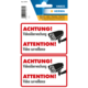 Aufkleber mit Warnhinweisen zur Videoüberwachung in Deutsch und Englisch, einschließlich eines Symbols einer Überwachungskamera.