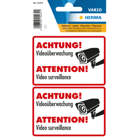 Aufkleber mit Warnhinweisen zur Videoüberwachung in Deutsch und Englisch, einschließlich eines Symbols einer Überwachungskamera.