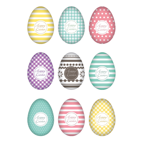 Bunte Ostereier in verschiedenen Designs, jedes mit dem Text "Frohe Ostern" in der Mitte.