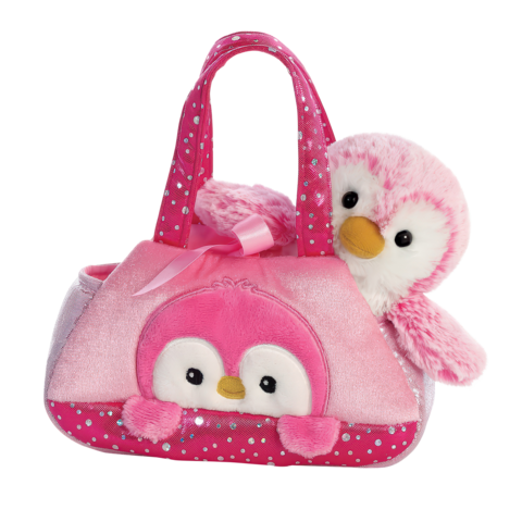 Eine rosa Handtasche mit einem niedlichen, plüschigen Pinguin, der aus der Tasche schaut. Die Tasche hat ein gepunktetes Design und eine Schleife.