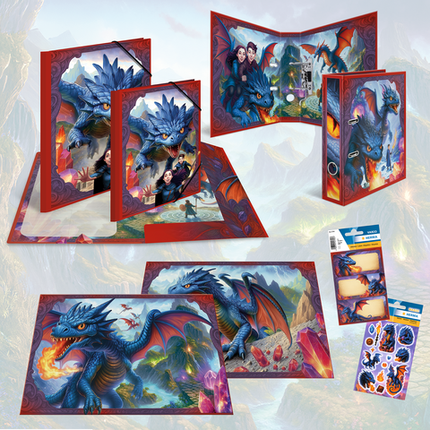Bunte Schulmaterialien mit Drachenmotiven, darunter Ordner, Hüllen und Aufkleber, die eine fantasievolle Landschaft darstellen.