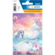 Bunte Etiketten mit Einhörnern, einem Pony und Wolken, umgeben von Herzen und einem Regenbogen. Ideal für kreative Projekte.