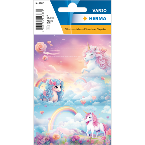 Bunte Etiketten mit Einhörnern, einem Pony und Wolken, umgeben von Herzen und einem Regenbogen. Ideal für kreative Projekte.