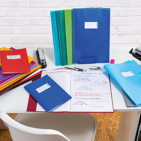 Ein Schreibtisch mit bunten Ordnern, Notizbüchern, Schreibmaterialien und einem kleinen Pflanzenarrangement.