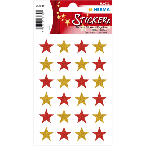 Rote und goldene Sternaufkleber auf einem weißen Blatt, in verschiedenen Größen angeordnet. Ideal für Bastelprojekte.