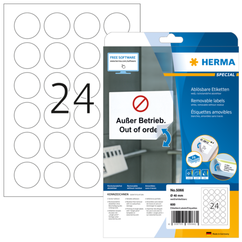 Runde, ablösbare Etiketten auf einem Blisterpack, mit der Aufschrift "Außer Betrieb" und der Nummer 24.