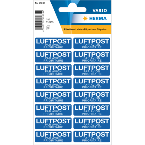 Blatt mit Aufklebern für Luftpost, beschriftet mit "LUFTPOST PAR AVION PRIORITAIRE" in blauer Schrift auf weißem Hintergrund.