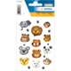 Tieraufkleber mit verschiedenen Tiergesichtern, darunter ein Elefant, ein Löwe, ein Koala, ein Panda und ein Affe, umgeben von Pfotenabdrücken.
