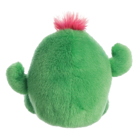 Plüschcactus mit pinkem Haaransatz, von hinten gesehen. Der Cactus hat zwei kleine Arme und eine runde Form.