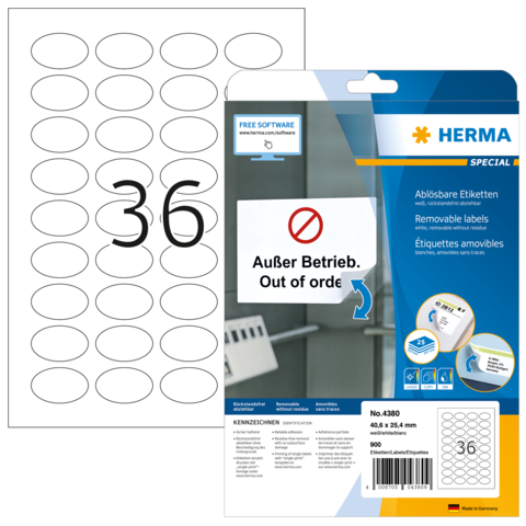 Packung mit ablösbaren Etiketten, die die Nummer 36 zeigt, und einem Hinweis "Außer Betrieb. Out of order." von Herma.