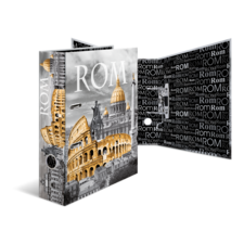Ein dekorativer Ordner mit Bildern von römischen Sehenswürdigkeiten, darunter das Kolosseum und der Petersdom, sowie dem Schriftzug "Rom".