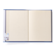 Ein offenes, leeres Notizbuch mit blauen Einband und einem Aufkleber auf der linken Seite. Die Seiten sind unbeschrieben.