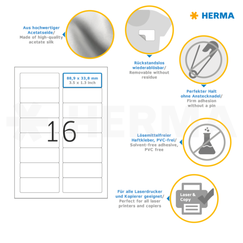 Etikettenblatt mit 16 Etiketten, aus hochwertigem Acetatseide, rückstandslos ablösbar, lösungsmittelfrei, geeignet für Laser- und Kopiergeräte.