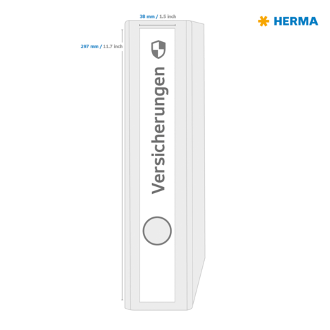 Ordner mit der Aufschrift "Versicherungen", Maße 297 mm x 38 mm, mit einem Logo auf der Vorderseite.