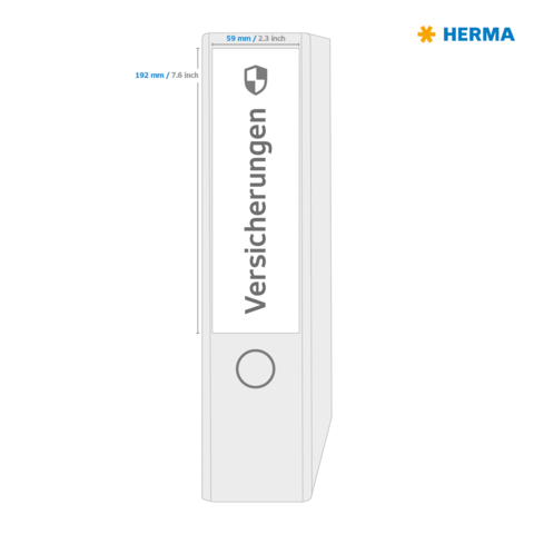 Ein Ordner mit der Beschriftung "Versicherungen", Maße: 192 mm hoch und 59 mm breit. Oben rechts das Logo von HERMA.