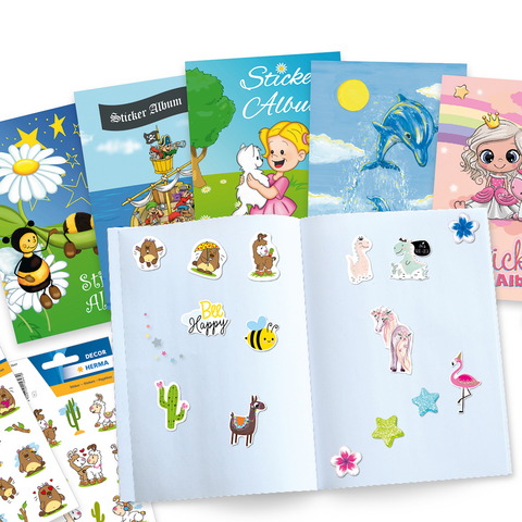 Stickeralben mit unterschiedlichen Designs und bunten Stickern, darunter Tiere, Blumen und Fantasiegestalten.