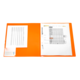 Ein orangefarbener Ordner mit zwei Dokumenten: einer mit Linien und einer Tabelle mit Daten und Informationen.