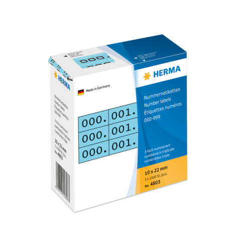 Nummer etiketten von Herma, 10 Blätter mit 1000 Stück, nummeriert von 000 bis 999, Größe 22 x 22 mm, hergestellt in Deutschland.