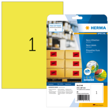 Neon-Etiketten in gelber Farbe, verpackt in einer transparenten Hülle, mit der Nummer 1 und Informationen zu Größe und Menge.