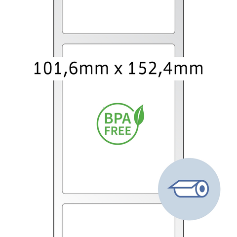 BPA-freies Etikett mit den Maßen 101,6 mm x 152,4 mm. Enthält ein Symbol für die Etikettierung.