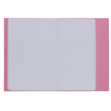 Ein offenes kariertes Heft mit rosa Umschlag, das leere Kästchen auf beiden Seiten zeigt.