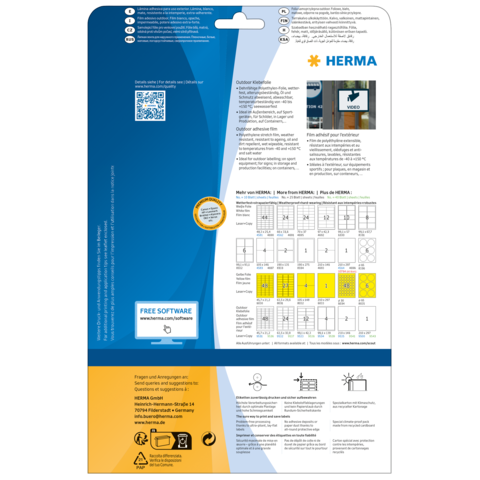 Rückseite einer Verpackung mit Informationen zu HERMA Produkten, QR-Code, Anleitungen und einem Hinweis auf kostenlose Software.