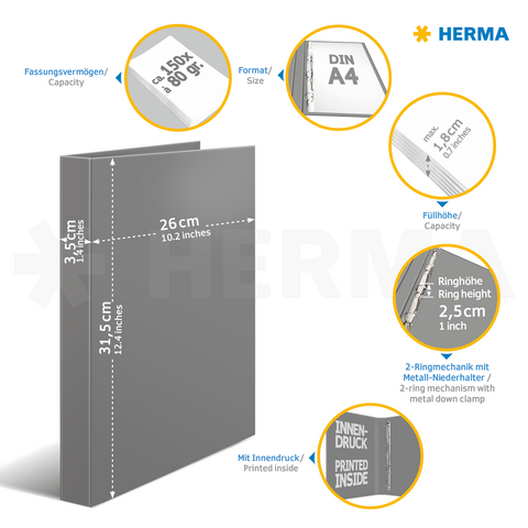 Stabiler Kartonordner im DIN A4-Format mit 4-Ringmechanik, Kapazität für 150 Blatt, Höhe der Ringe 2,5 cm.