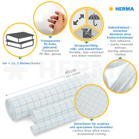 Selbstklebende, transparente PP-Folie mit Gitterlinien für präzises Zuschneiden. Strapazierfähig, reiß- und wasserfest. Ideal für Bücher.