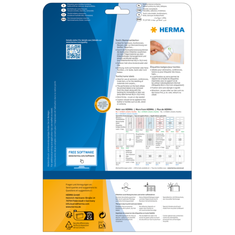Rückseite einer Verpackung für Etiketten von HERMA, mit Anweisungen, QR-Code und Informationen zu kostenloser Software.