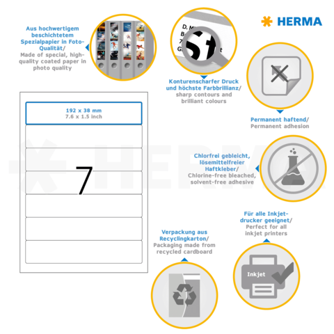 Hochwertige Etiketten aus beschichtetem Spezialpapier, permanent haftend, für Inkjet-Drucker geeignet, mit Recyclingverpackung. Maße: 192 x 38 mm.