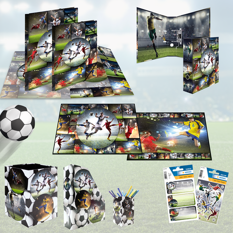 Eine Auswahl an Fußball-Merchandise, darunter Notizbücher, Aufkleber, ein Fußball und ein Stifthalter, alles mit sportlichen Motiven.