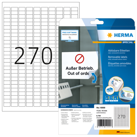 Packung mit ablösbaren Etiketten von Herma, 270 Stück, inklusive Anweisungen und Softwarehinweis.