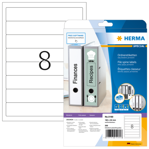 Ordneretiketten von Herma, Packung mit 200 Etiketten, zeigt die Nummer 8 und Beispiele für beschriftete Ordner.