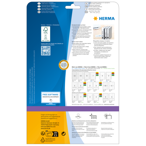 Rückseite eines Produkts von HERMA mit Informationen zu Software, Anwendungshinweisen und Diagrammen zur Nutzung.