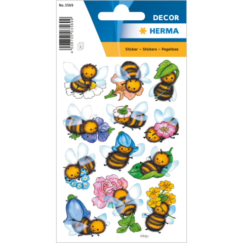 Bienen-Sticker in verschiedenen Farben und Posen, umgeben von Blumen. Enthält insgesamt 12 verschiedene Designs.