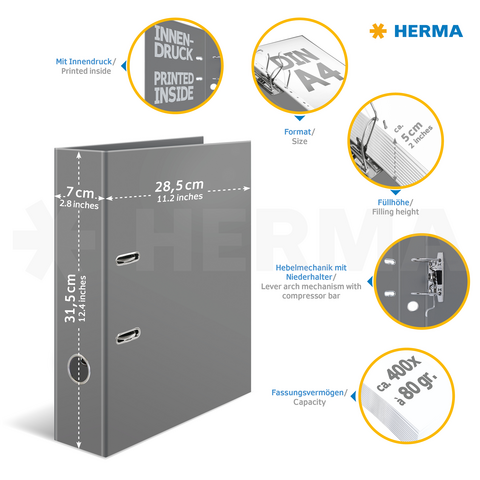 Graue Ringmappe mit Spezifikationen zu Format, Füllhöhe und Hebelmechanik. Enthält Informationen zu Kapazität und Druckdetails.