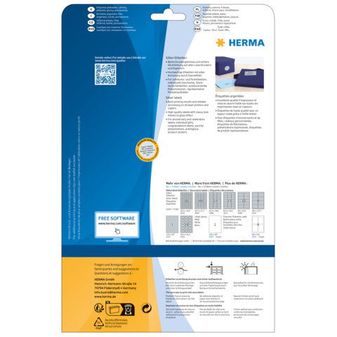 Rückseite einer Verpackung für Etiketten von HERMA, mit Informationen zu Software und Anwendungshinweisen.