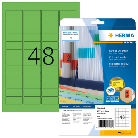 Grüne Etiketten mit der Nummer 48, verpackt in einer transparenten Hülle, mit Informationen zu Software und Anwendung.