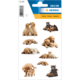 Aufkleber mit verschiedenen Hunden und einer Katze, die in verschiedenen Posen dargestellt sind, darunter spielende und schlafende Tiere.